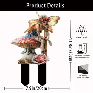 Detail view of acrylic fairy on mushroom garden stake, 11.8x7.9 inches, waterproof design.