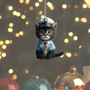 Grazioso portachiavi con ciondolo gatto in acrilico 2D bifacciale in divisa da polizia.