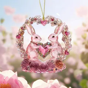 Ornement suspendu acrylique couronne lapin cristal rose vue détail rétroiseur voiture pendentif
