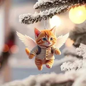 Cute angel cat Christmas tree ornament pendant, detailed winter holiday hanging decoration.