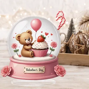 2D acrylic pink teddy bear Valentine's day snowglobe ornament detail shot showing cute design.