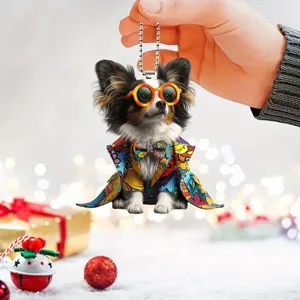 Funny puppy acrylic pendant with suit and sunglasses, ideal for car rearview mirror.