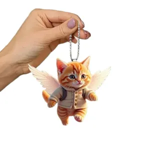 Cute angel cat acrylic keyring pendant, ideal for car rear view mirror and Christmas tree decor.