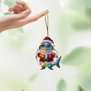 Acrylic Christmas shark hanging ornament detail, cute cartoon shark with Santa hat and lights.