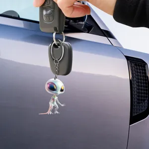 Detailed view of the acrylic big-eyed alien keychain, stylish and unique bag pendant.