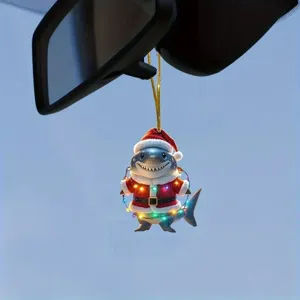Christmas shark car hanging ornament, cute acrylic rearview mirror pendant decor for holiday.