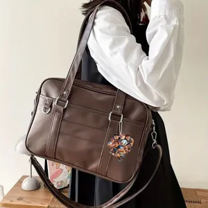 Brown PU leather JK shoulder bag with anime rugby boy acrylic keychain pendant for daily use.