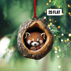 Acrylic red panda Christmas tree hanging ornament, flat printed holiday festive decor item.