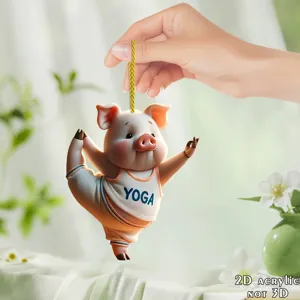 Colgante de Espejo Retrovisor de Coche de Cerdo de Yoga de Acrílico Lindo Animal de Dibujos Animados Adorno Colgante de Bolso Regalo de Decoración