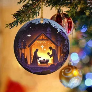 Detailed close-up view of the decorative nativity hanging pendant on a festive tree setup.