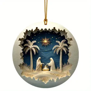 Christian Nativity scene round hanging ornament with gold string for Christmas home car decor