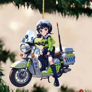 Detailed closeup of anime police girl motorcycle hanging ornament, perfect for car rearview.