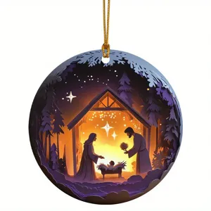 Detailed close-up of a decorative circular nativity ornament with a glowing religious scene.