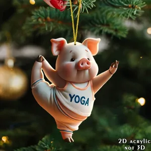 Lindo cerdo de yoga acrílico 2D adorno colgante de árbol de navidad espejo retrovisor