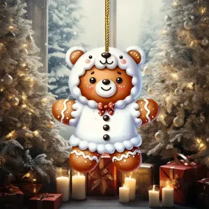 Christmas gingerbread bear acrylic hanging ornament for car rearview mirror or backpack decor.