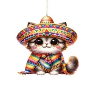 Lindo gato de acrílico colgante para coche espejo retrovisor con sombrero mexicano y poncho colorido.