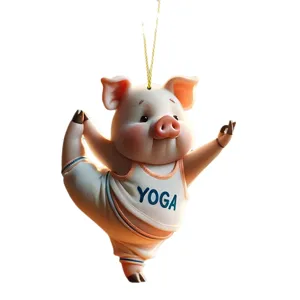 Lindo cerdo yoga acrílico adorno colgante para espejo retrovisor de coche y bolso.