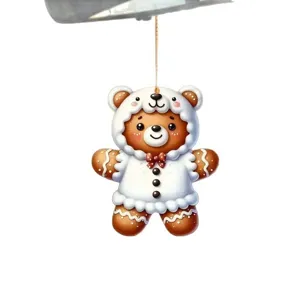 Cute Christmas gingerbread bear acrylic hanging ornament, festive car rearview mirror decor.