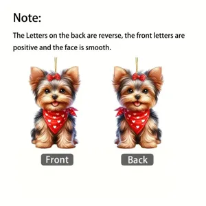 Cute acrylic puppy dog pendant detail view showing front and back with a lovely red bandana.