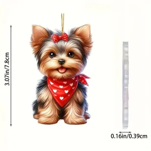 Cute acrylic puppy pendant with red bandana, featuring clear dimensions for backpack and car.