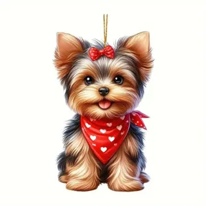 Cute puppy acrylic hanging ornament detail with red bow and heart bandana for car decor.