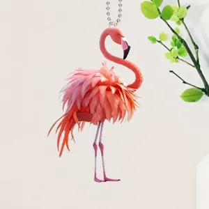 Cute pink flamingo acrylic hanging ornament for car rearview mirror and home decor.