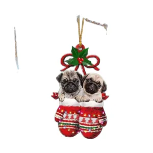 Pendentif Sapin de Noël Plat Acrylique 2D Mignon Chien Carlin Décoration de Fête