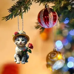 Niedlicher Katzen Acryl Autoanhänger mit Rosenhut, perfekte Innendekoration und Schlüsselanhänger.