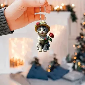 Charmantes Rosen-Katze Acryl Auto-Hängeornament, detailreiches Blumenhut-Design für den Innenbereich.