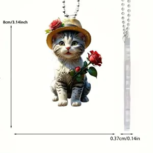 Niedlicher Rosen-Katzen-Acryl-Autohänger, mit Schlüsselanhänger und Hängeornament-Details.