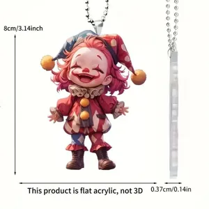 Dettaglio pendente piatto acrilico clown cartone animato colorato con dimensioni e spessore.