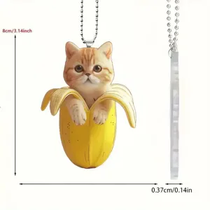 Cute acrylic banana cat pendant keychain charm, clear design with detailed dimensions.