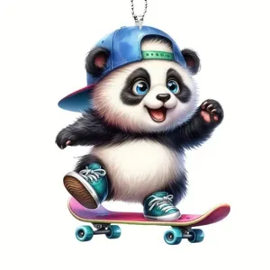 Détail de pendentif acrylique panda dessin animé, design skateboard coloré, déco rétroviseur.