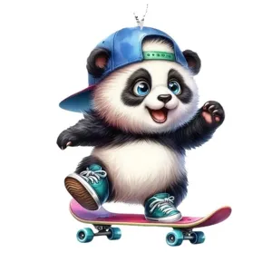 Pendentif acrylique panda skateboard dessin animé décoration rétroviseur voiture porte-clés mignon