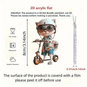 Acrylic cartoon cat scooter pendant detail showing 8cm height and flat 2D acrylic material.