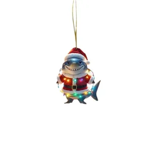Acrylic Christmas shark hanging ornament pendant detail shot for car interior and tree decor.