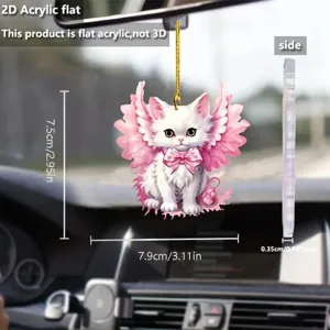 Cute 2D acrylic pink wing cat car hanging ornament rearview mirror pendant decor gift.