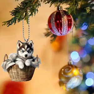 Simpatico cucciolo di husky in cesto ornamento da appendere in acrilico per decorazioni auto
