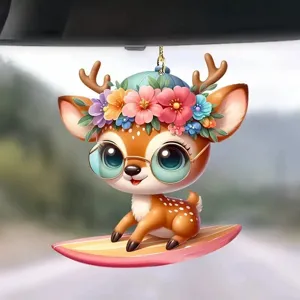 Cute cartoon deer acrylic car hanging ornament, rearview mirror pendant detail view.