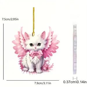 Pink angel wings cat acrylic pendant detail view showing clear dimensions and thickness.