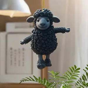 Detailed close-up shot of the cute black curly sheep hanging ornament for car interior.