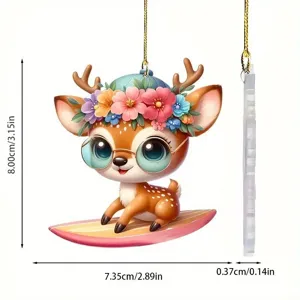 Cute cartoon deer acrylic car hanging ornament, 2D flat decorative interior pendant.
