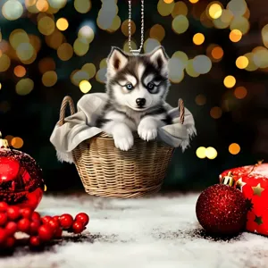 Grazioso ornamento appeso di husky in acrilico 2D nel cesto per specchietto auto e albero di Natale
