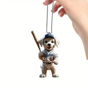 Cute baseball puppy pendant charm for car rear view mirror and backpack decoration accessory.
