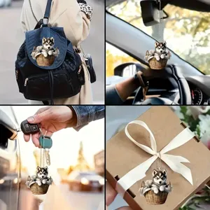 Carino ornamento sospeso di cucciolo di husky in acrilico 2D in cesto, ideale per specchietto e borsa.