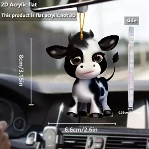 Detail shot of 2D acrylic cute dairy cow car hanging ornament interior decor pendant.