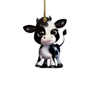 Cute 2D acrylic cow hanging ornament for car rearview mirror and bag charm decoration.