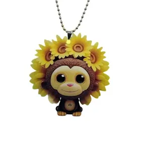 Cute acrylic sunflower monkey pendant charm for car rearview mirror and bag decoration.