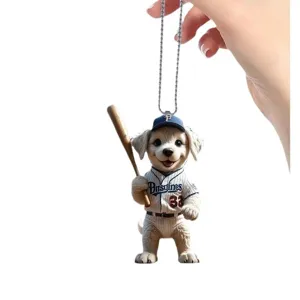 Cute baseball puppy acrylic hanging ornament for car rearview mirror and backpack decor.