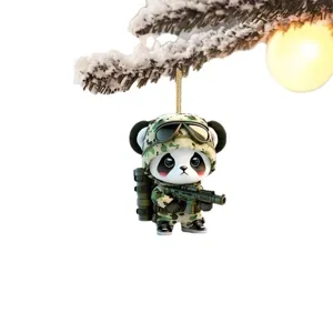Cute military panda acrylic pendant keychain car rearview mirror hanging ornament backpack decor.